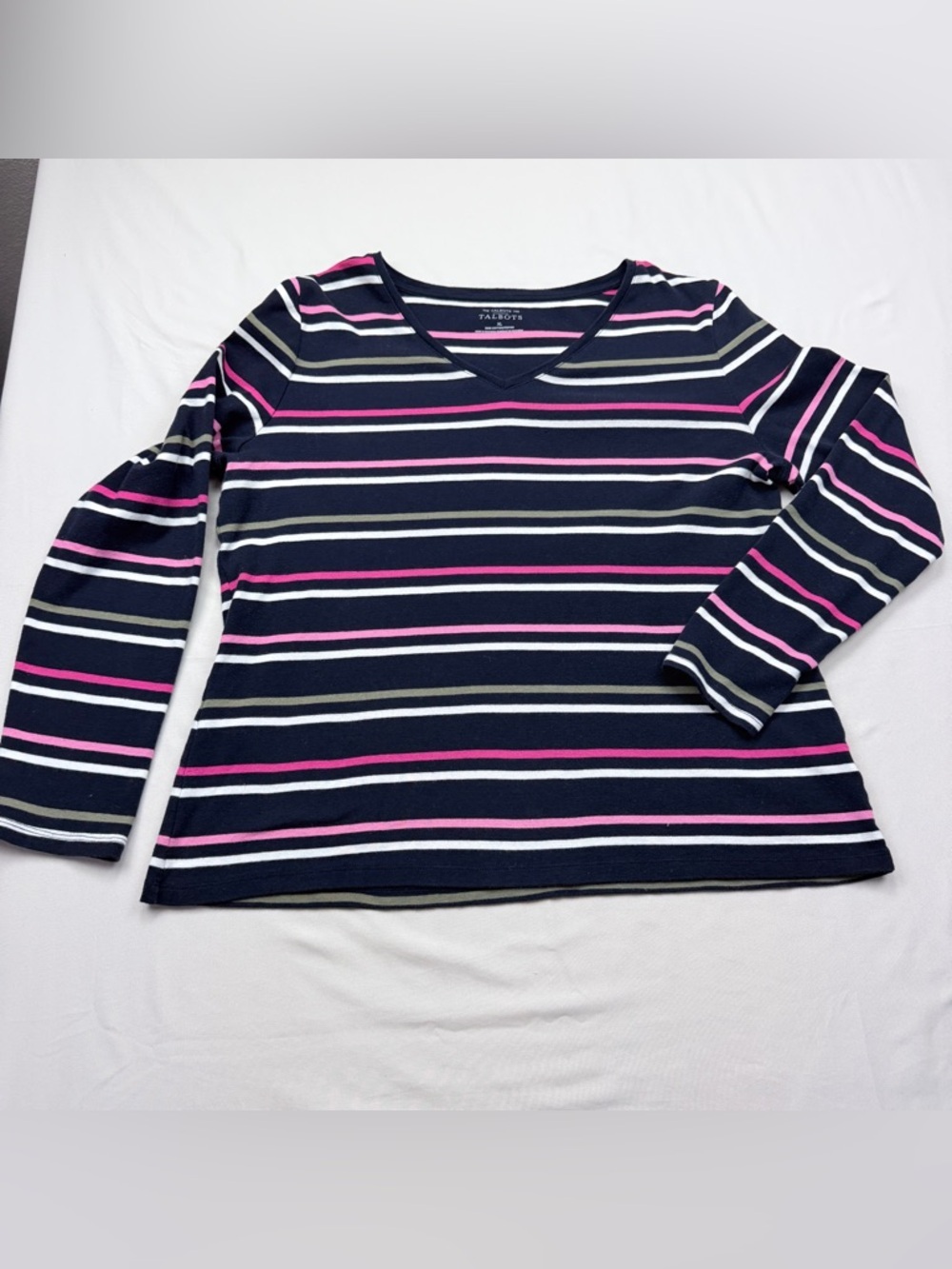 Talbots Navy V-Neck Long Sleeve Top with Pink & White Stripes - Picture 3 of 9